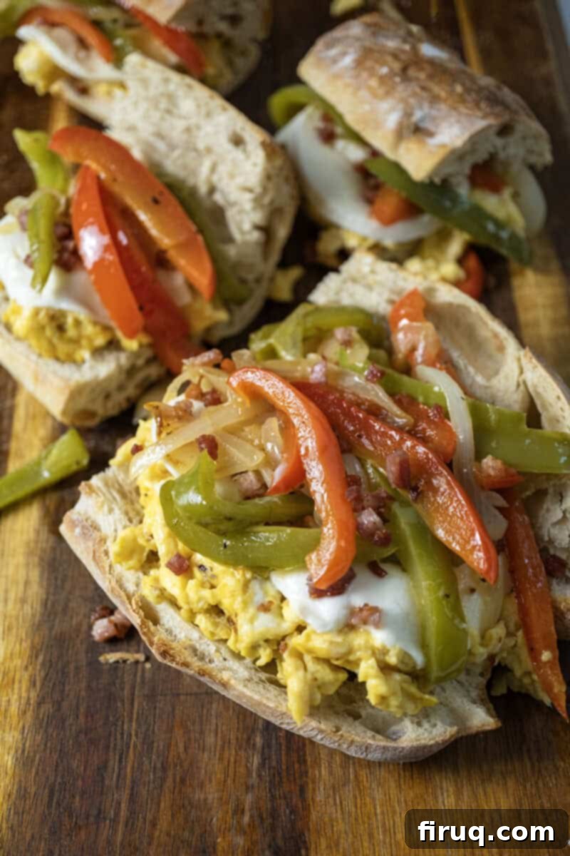 Garden Scramble Sandwich 2 Peppers and eggs sandwich with mozzarella and pancetta on Italian Bread.