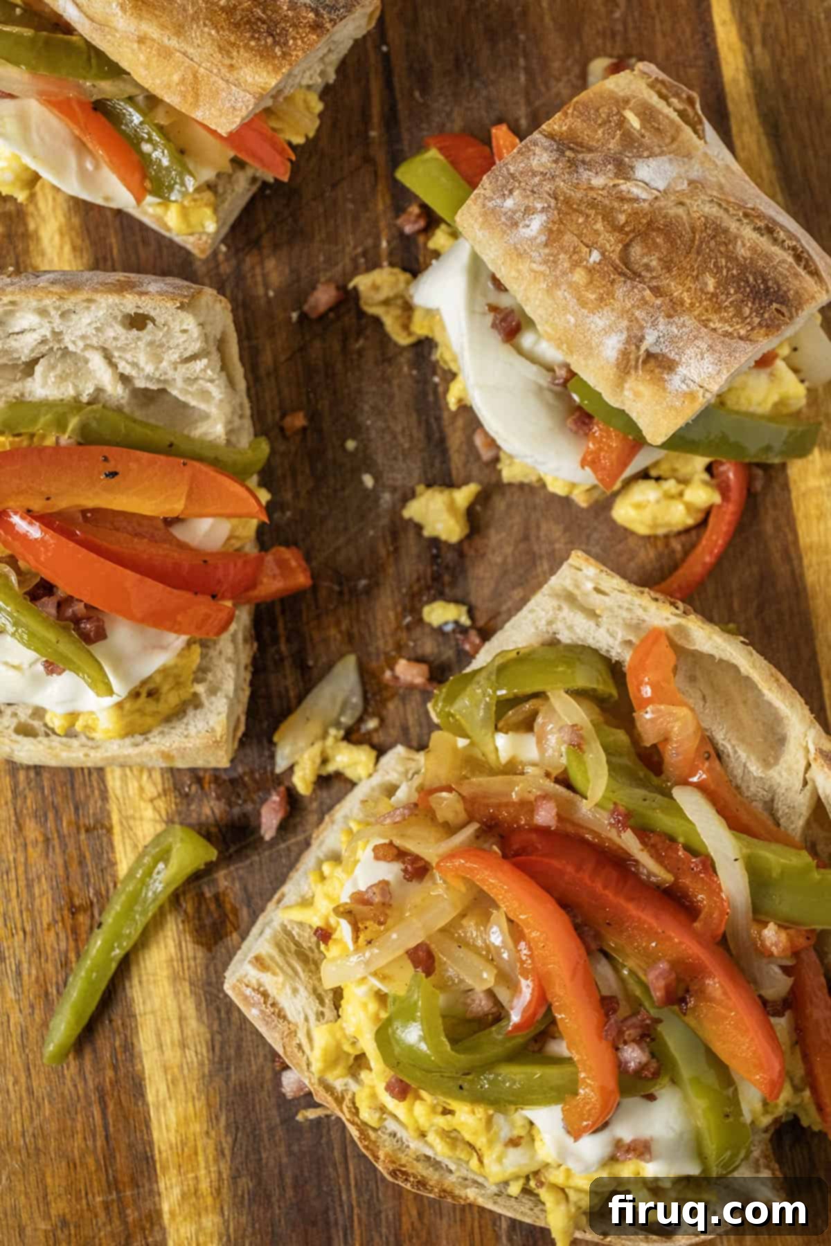 Garden Scramble Sandwich 10 3 Peppers and eggs sandwiches with mozzarella and pancetta on Italian Bread on a cutting board.