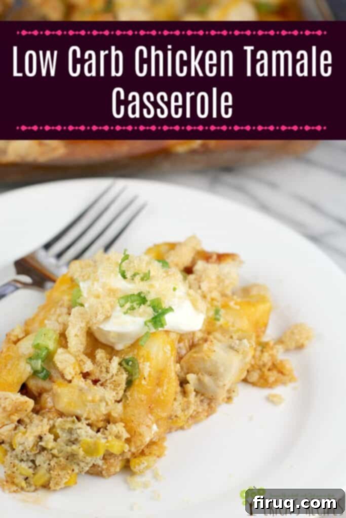 Unwrapped Keto Chicken Tamale Casserole 11 pinnable image of plated casserole