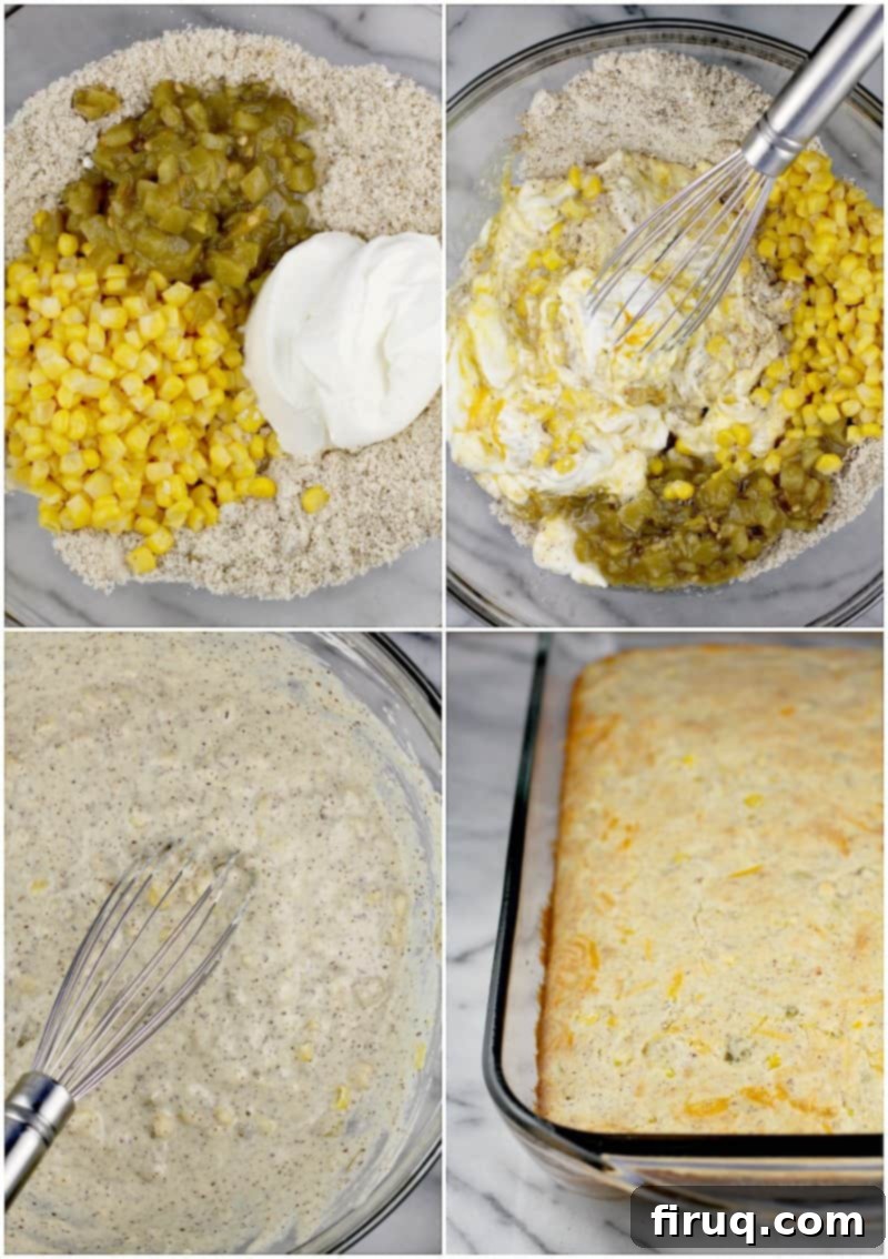 Unwrapped Keto Chicken Tamale Casserole 4 Collage showing the biscuit layer, 4 photos: almond flour, sour cream, green chile, and corn in a clear glass bowl; whisk combining the ingredients; whisk in the bowl with prepared low carb biscuit batter; cooked biscuit layer in a clear glass bake dish fresh from the oven