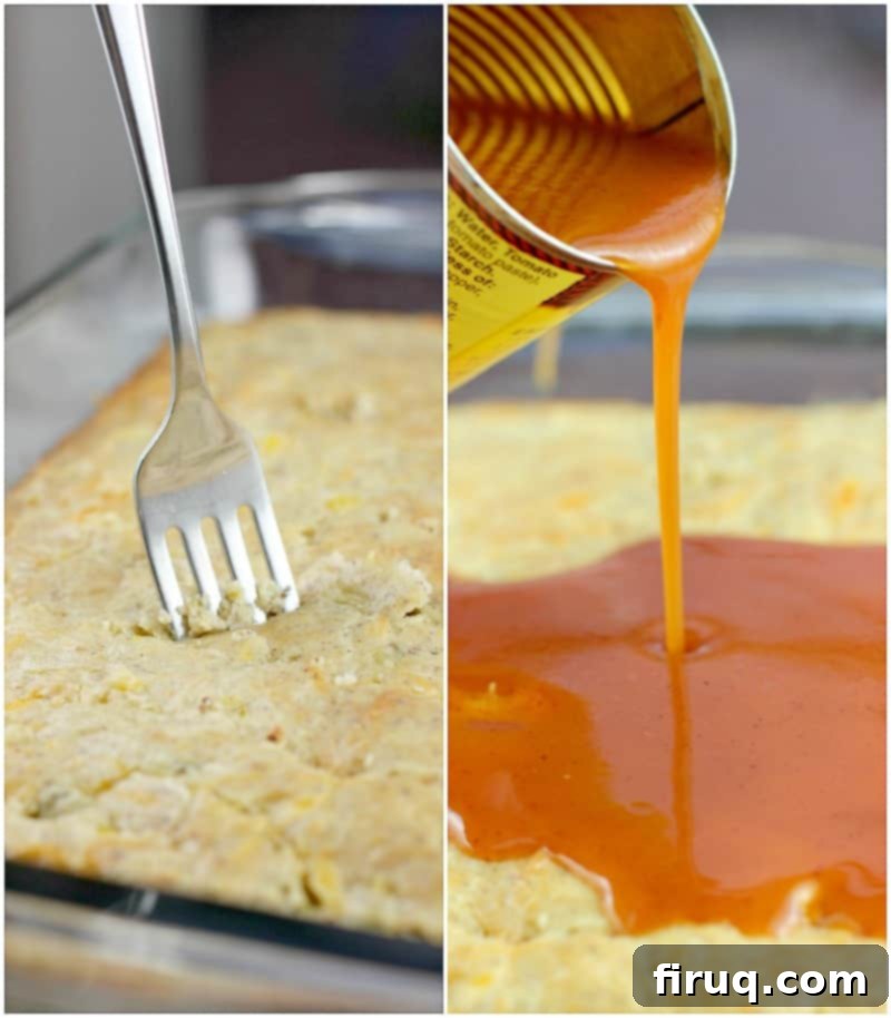 Unwrapped Keto Chicken Tamale Casserole 5 Collage of 2 photos; fork pricking the cooked biscuit layer all over; enchilada sauce being poured from the can onto the biscuit layer