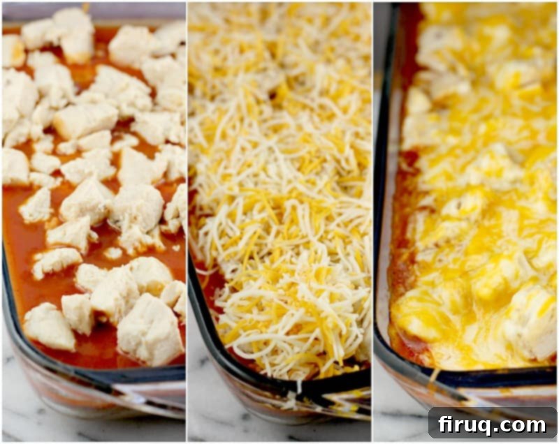 Unwrapped Keto Chicken Tamale Casserole 6 Collage of 3 photos: chicken layer on enchilada sauce; shredded cheese (not yet cooked); cooked casserole with melted cheese