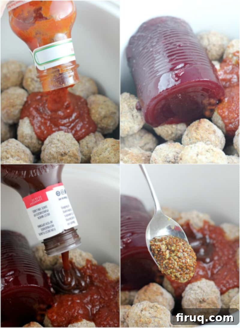 Slow Cooker Sweet Tangy Cranberry BBQ Meatballs 4 collage of 4 photos showing the addition of the sauce ingredients to the crockpot; clockwise, chili sauce, cranberry sauce, mustard, and bbq sauce