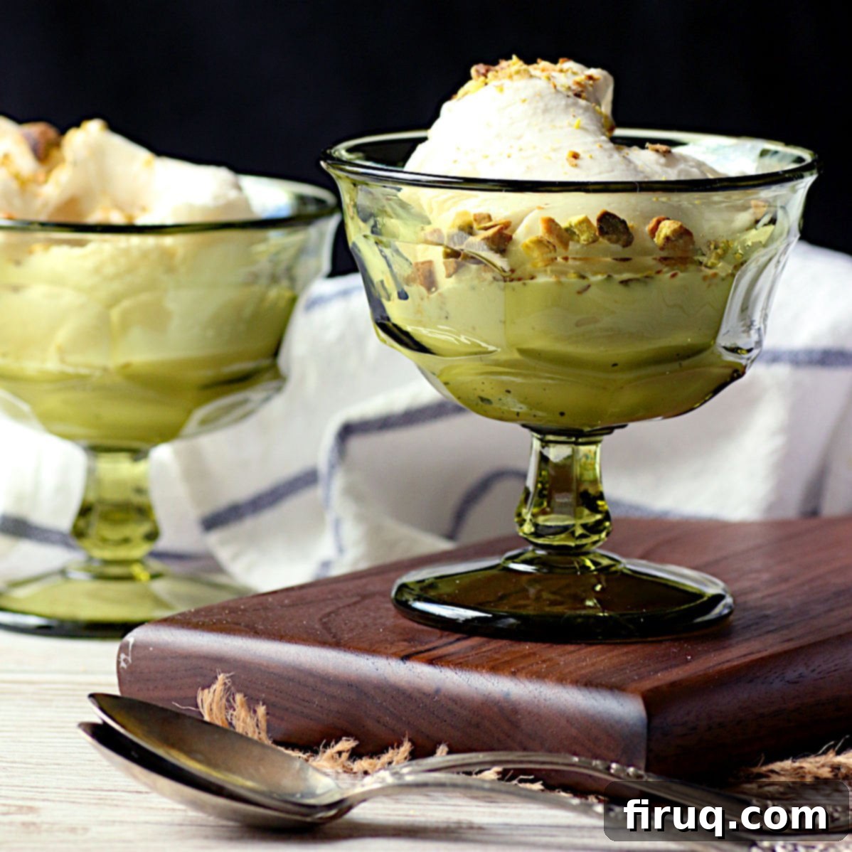 Booza-Inspired Ice Cream Recipe Card Image Booza-Inspired Ice Cream in small green dessert dishes, showcasing the elegant presentation.