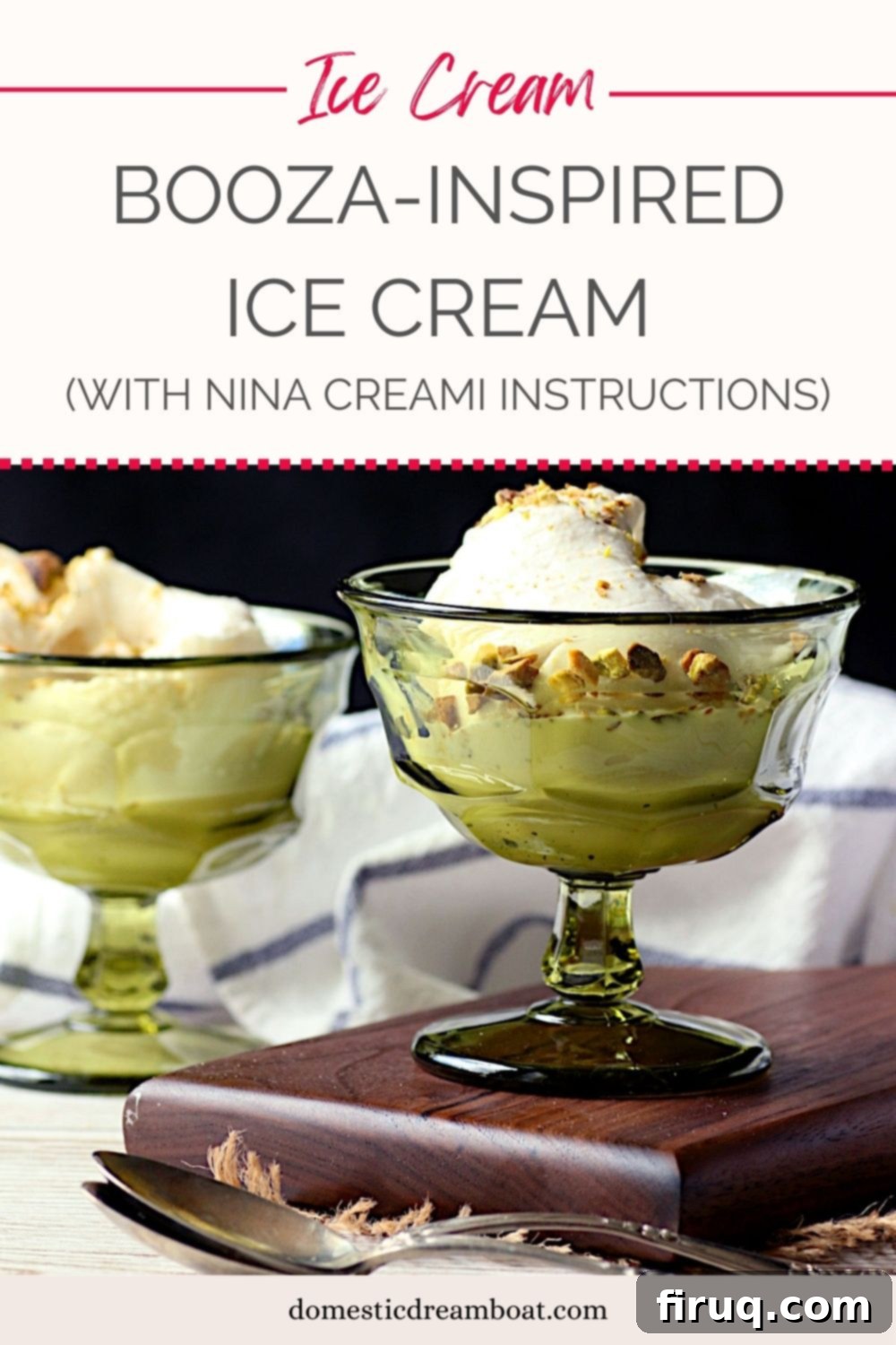 Booza-Inspired Ice Cream Ready to Serve Overhead shot of Booza-Inspired Ice Cream in two small green dessert dishes, garnished with chopped pistachios, ready for serving.