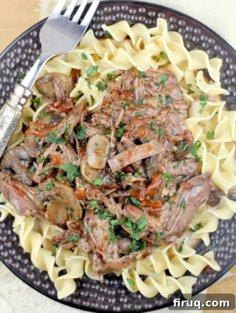 Zesty Cajun Instant Pot Pot Roast 12 top down view of the cajun instant pot pot roast on a brown plate over noodles