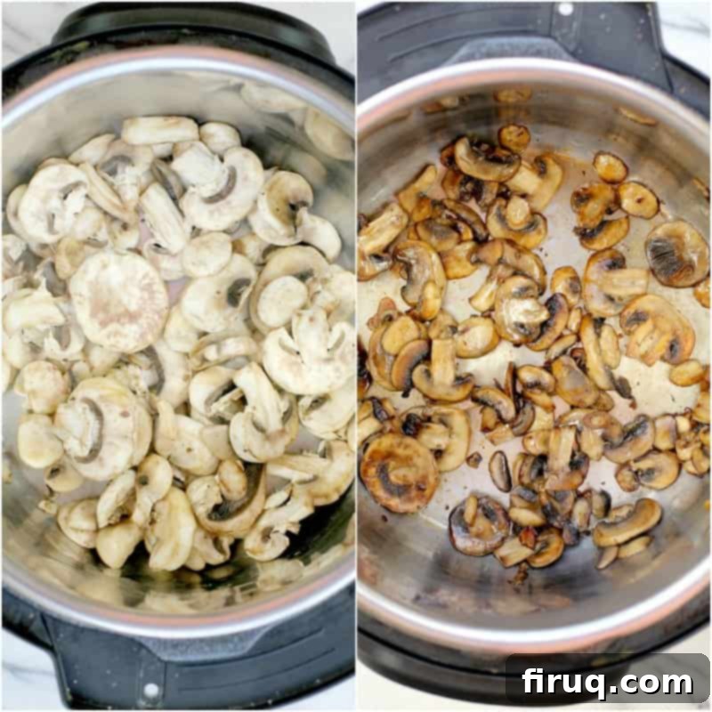 Zesty Cajun Instant Pot Pot Roast 4 collage of 2 photos showing browning the mushrooms: left, raw mushrooms; right, browned mushrooms for the pressure cooker pot roast