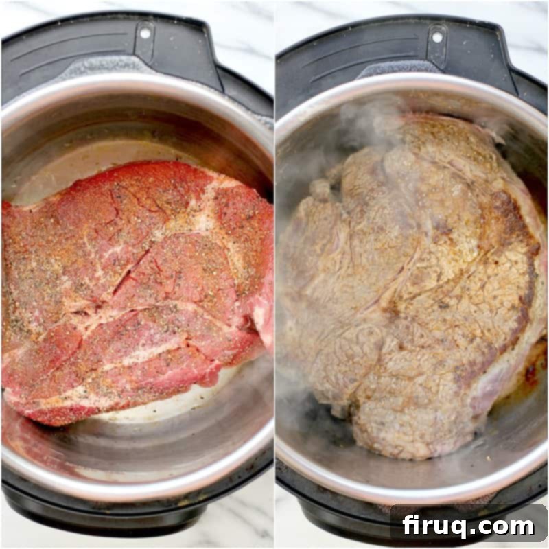 Zesty Cajun Instant Pot Pot Roast 5 collage of 2 photos showing searing the Instant pot beef: left, raw meat in: right, seared roast