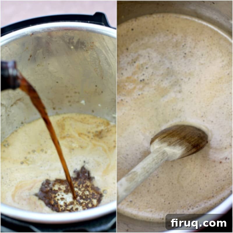 Zesty Cajun Instant Pot Pot Roast 6 collage of two photos showing deglazing the pot: left, pouring in the beer; right, using a wooden spoon to scrape up the bits