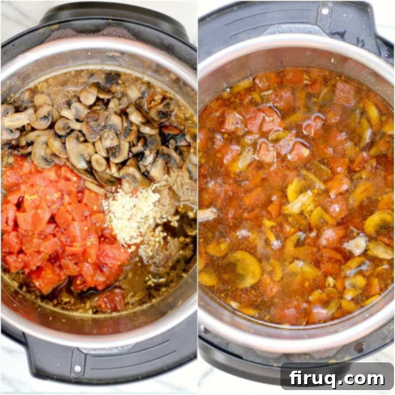 Zesty Cajun Instant Pot Pot Roast 8 collage of 2 photos: left, tomatoes, mushrooms, and garlic added over the roast with beer; right, all of the ingredients after cooking submerged in the beer gravy
