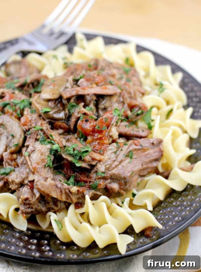 Zesty Cajun Instant Pot Pot Roast 10 side view from the right, plated instant pot beef over noodles