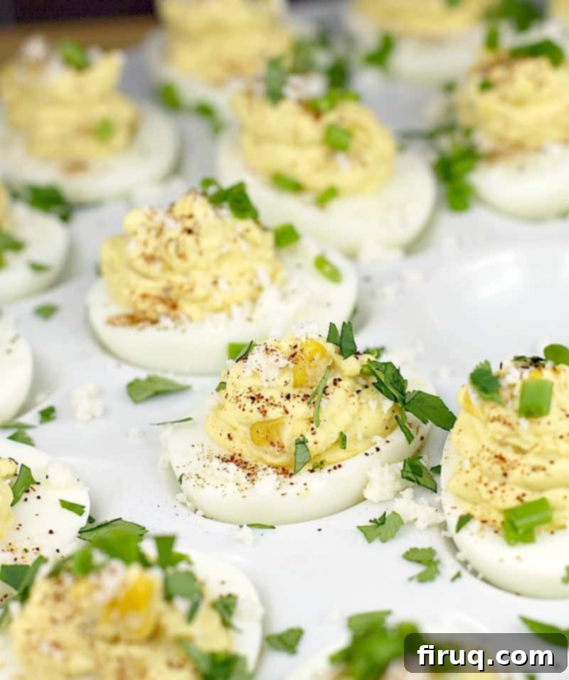 Elote Deviled Eggs 2 Mexican deviled eggs arranged beautifully on a white serving platter, garnished with chili powder and cilantro
