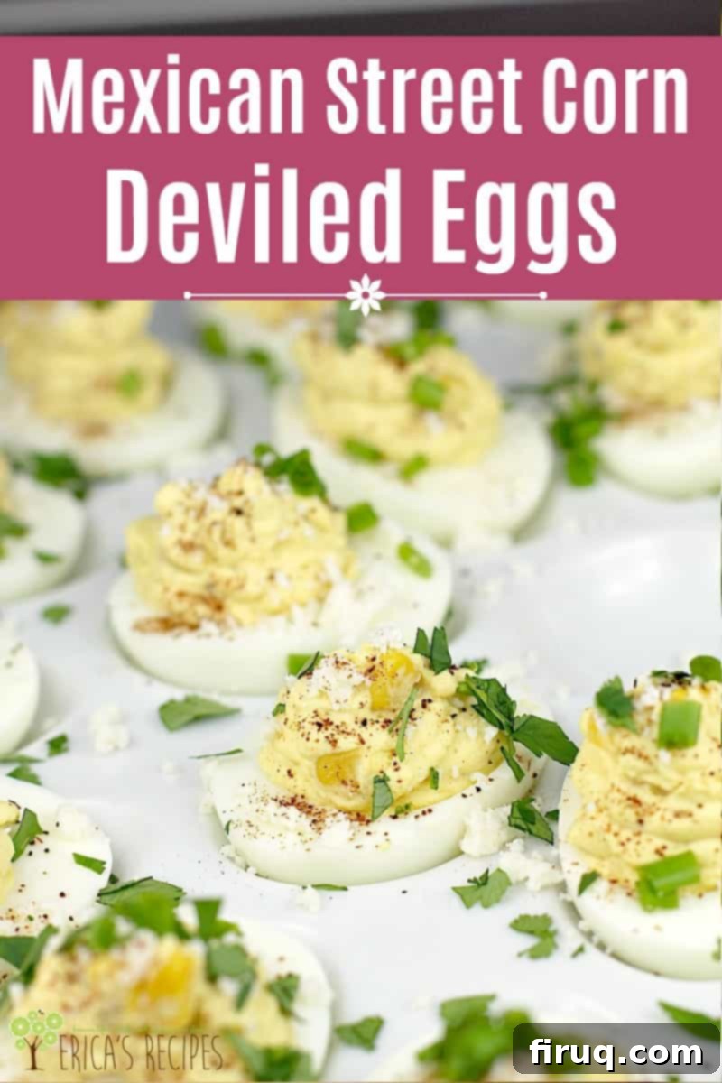 Elote Deviled Eggs 11 A Pinterest-optimized image featuring Mexican Street Corn Deviled Eggs with an overlaid text title for easy sharing on social media platforms