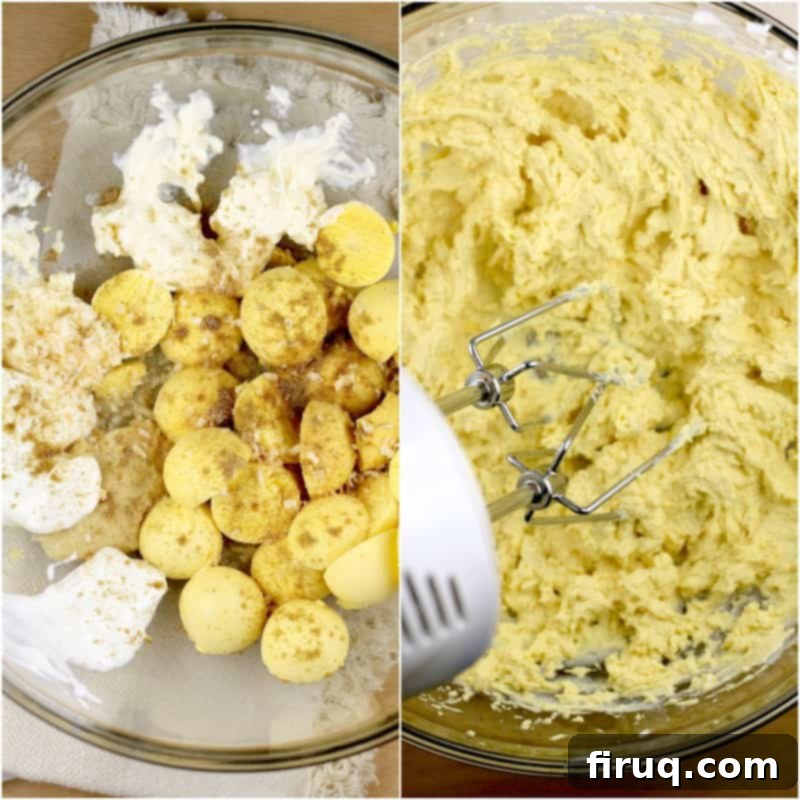 Elote Deviled Eggs 4 A collage featuring the initial egg yolk mixture ingredients in a clear glass bowl on the left, and a hand mixer smoothly blending them together on the right