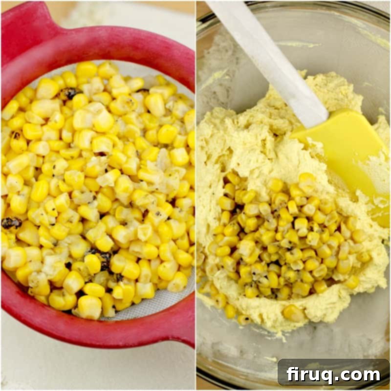 Elote Deviled Eggs 5 A collage showing fire-roasted corn draining in a colander on the left, and the drained corn being added to the creamy egg yolk mixture in a bowl on the right