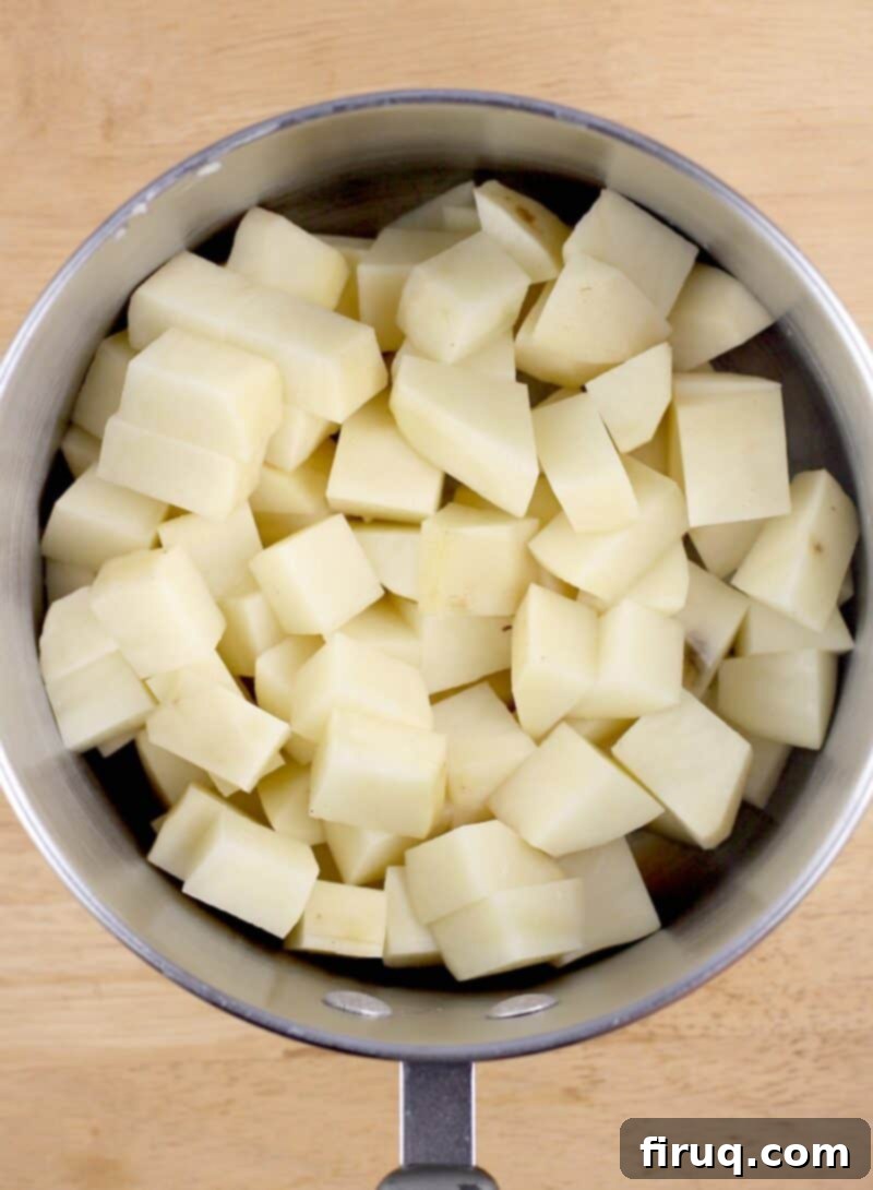 Zesty Cheesy Potato Bites 3 diced potato in a pot