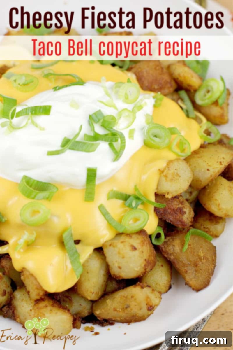 Zesty Cheesy Potato Bites 10 image for sharing on pinterest with text overlay Cheesy Fiesta Potatoes Taco Bell copycat recipe