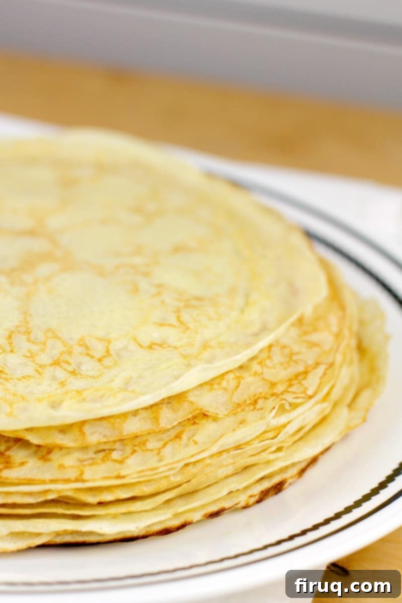 Easy Homemade Savory Crepes 7 round savory crepes in a stock on a white rimmed dish