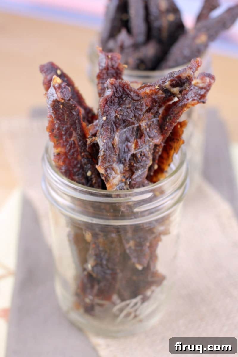 Homemade Beef Jerky Made Easy 14 jerky in a clear mason jar