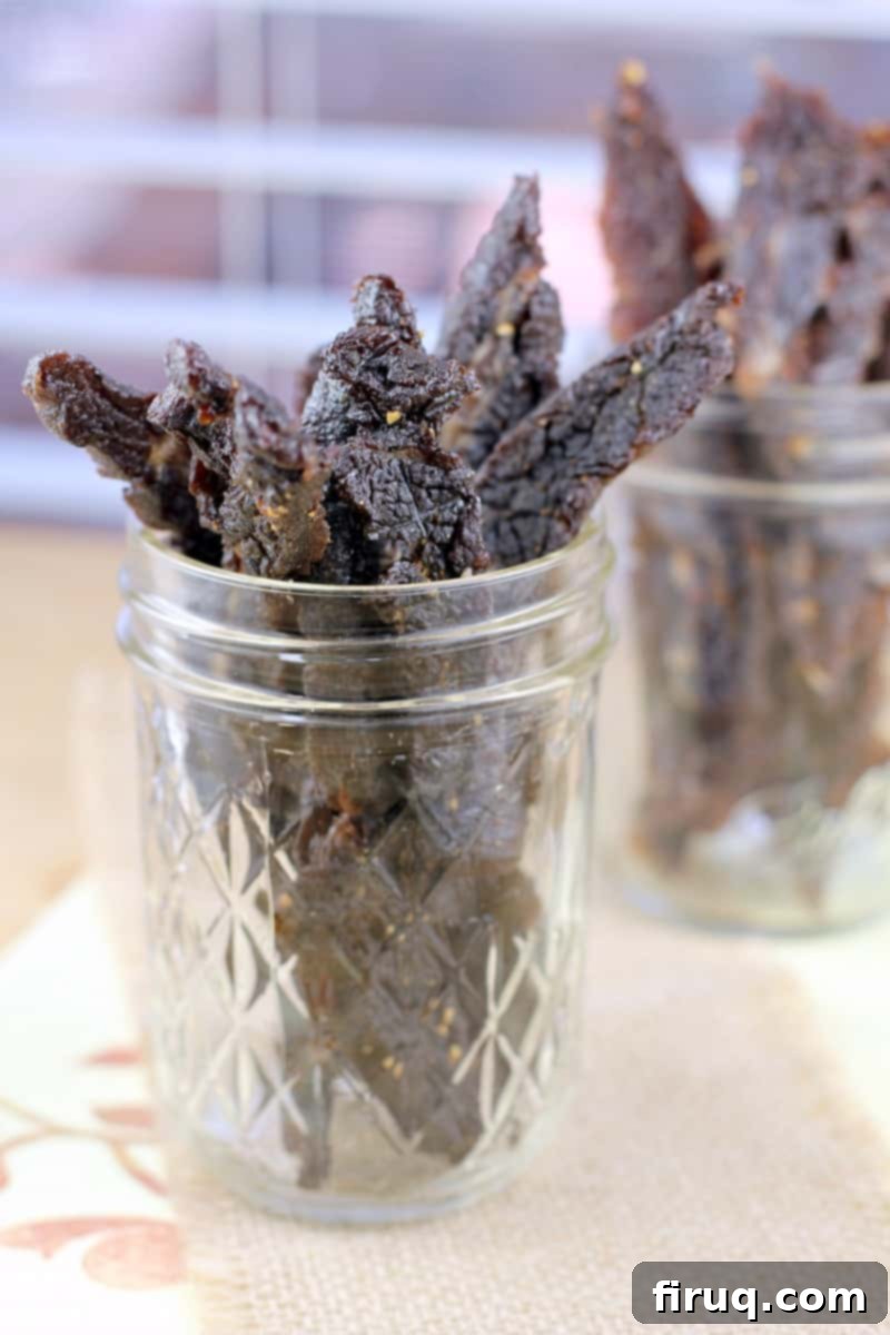 Homemade Beef Jerky Made Easy 5 teriyaki jerky filling a mason jar