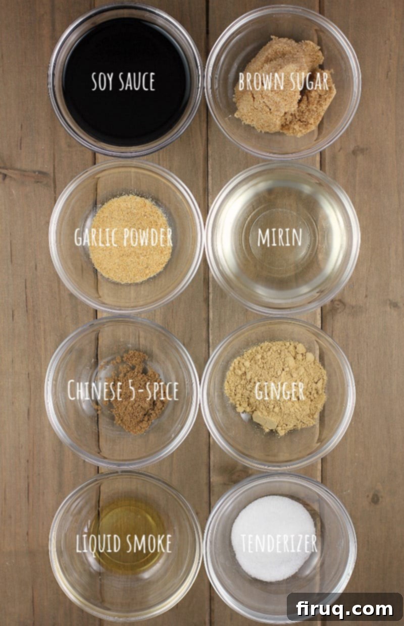 Homemade Beef Jerky Made Easy 7 ingredients for teriyaki marinade in glass bowls