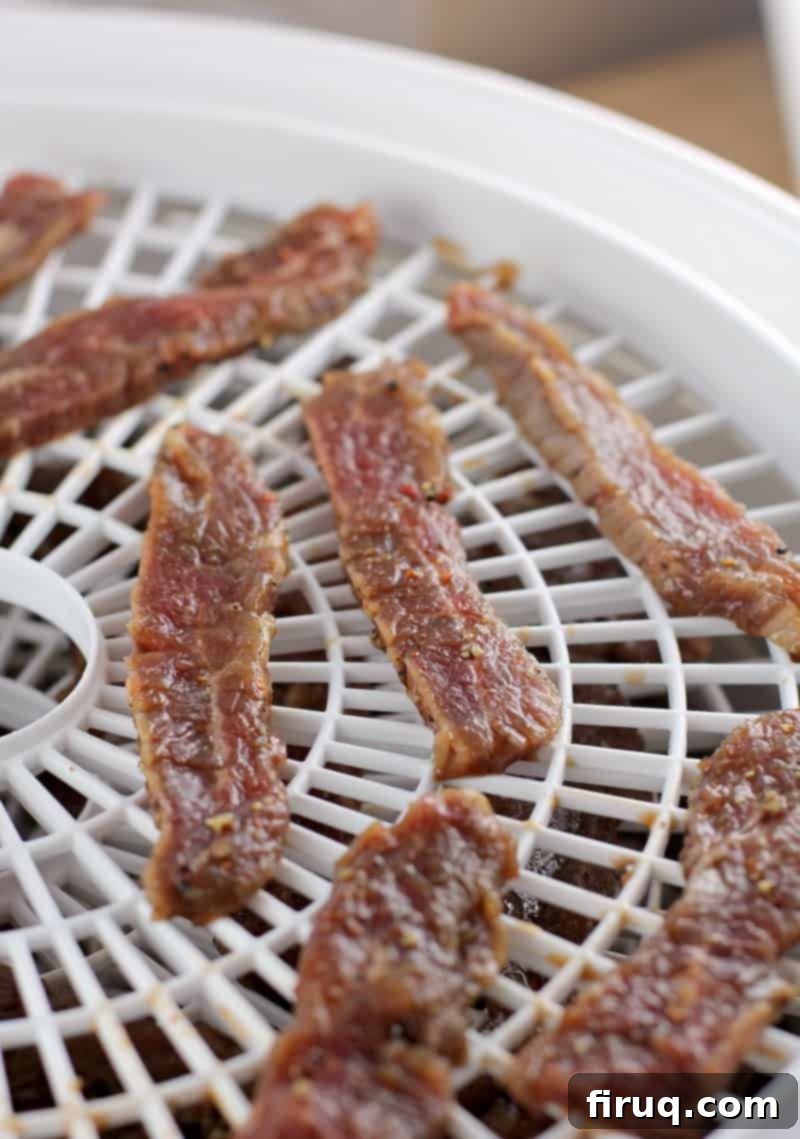 Homemade Beef Jerky Made Easy 10 beer bbq jerky strips on white dehydrator rack