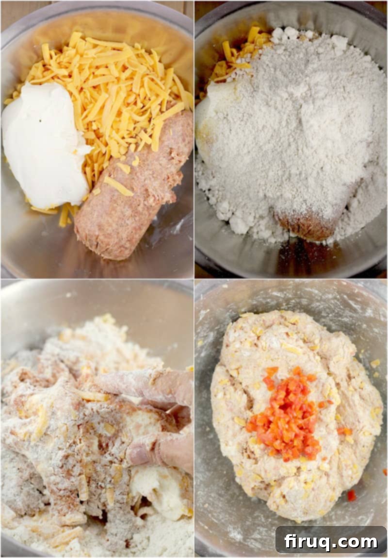 Southern Pimento Cheese Sausage Bites 4 collage of 4 photos: ingredients in a mixing bowl; bisquik added; hand mixing the ingredients; fully mixed sausage ball dough