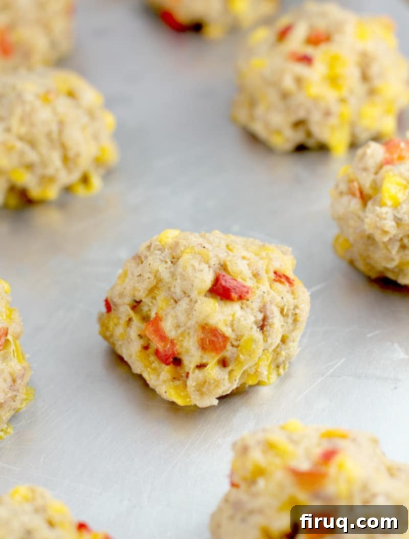 Southern Pimento Cheese Sausage Bites 6 cooked sausage ball on a metal bake sheet