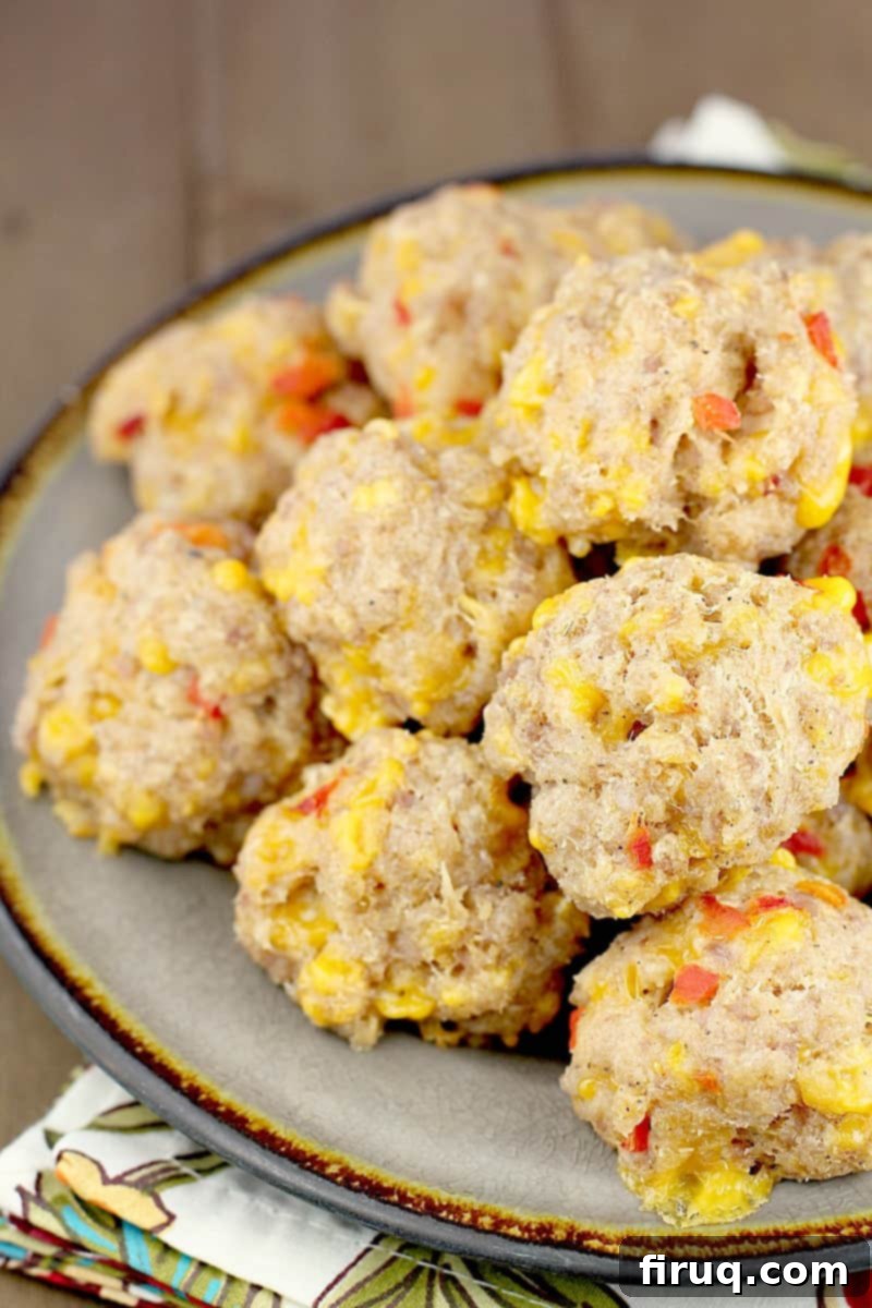 Southern Pimento Cheese Sausage Bites 7 balls of sausage stacked on a grey plate