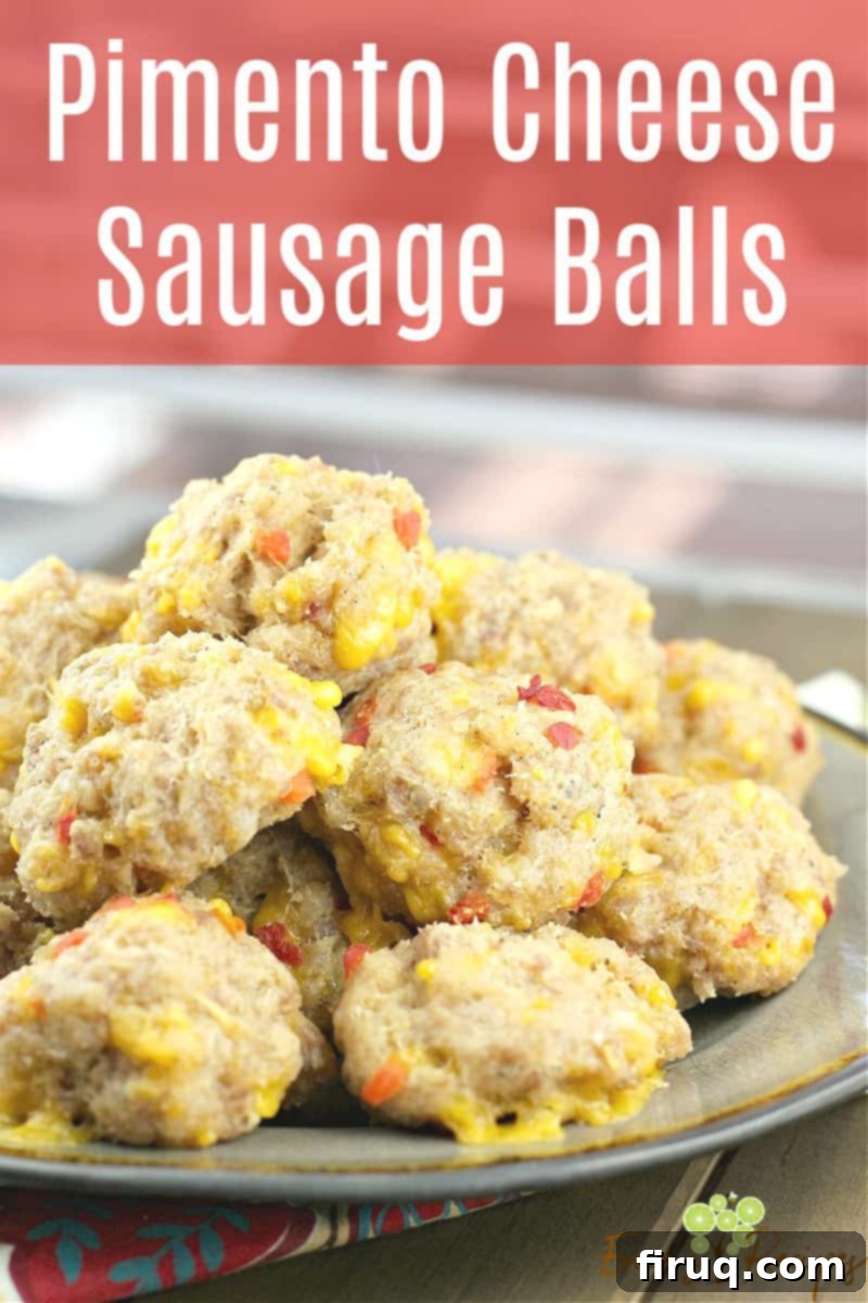 Southern Pimento Cheese Sausage Bites 9 image for pinterest with sausage balls on a plate and text overlay of recipe title