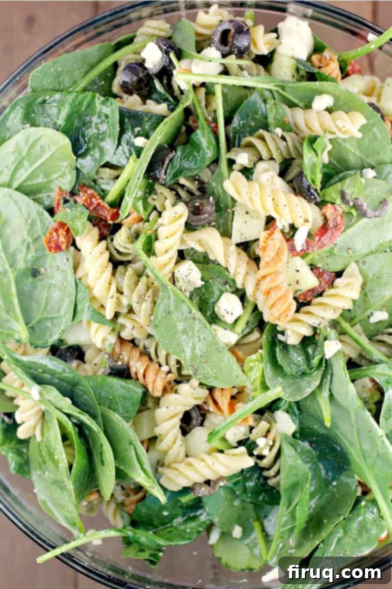 Vibrant Spinach Rotini Pasta Salad 9 top view of pasta salad rotini