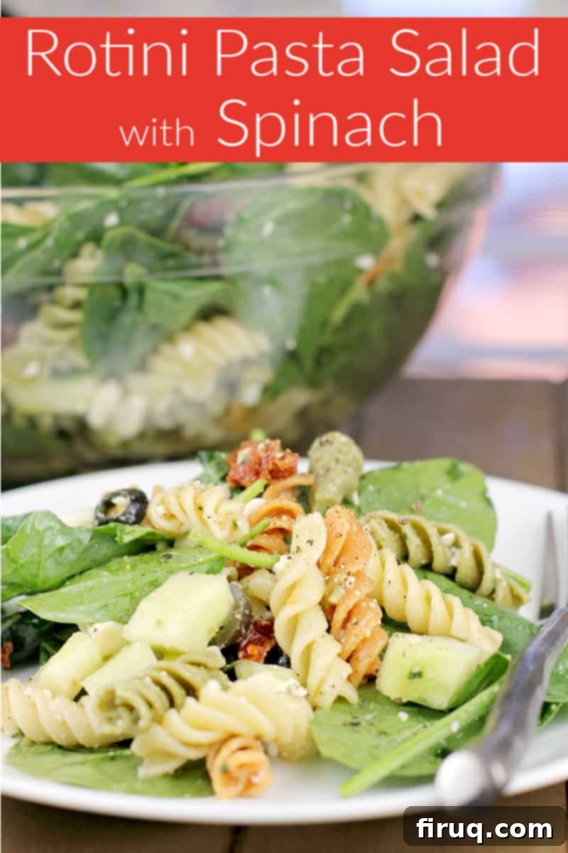 Vibrant Spinach Rotini Pasta Salad 10 image for pinterest and social sharing with text overlay of recipe title Rotini Pasta Salad with Spinach