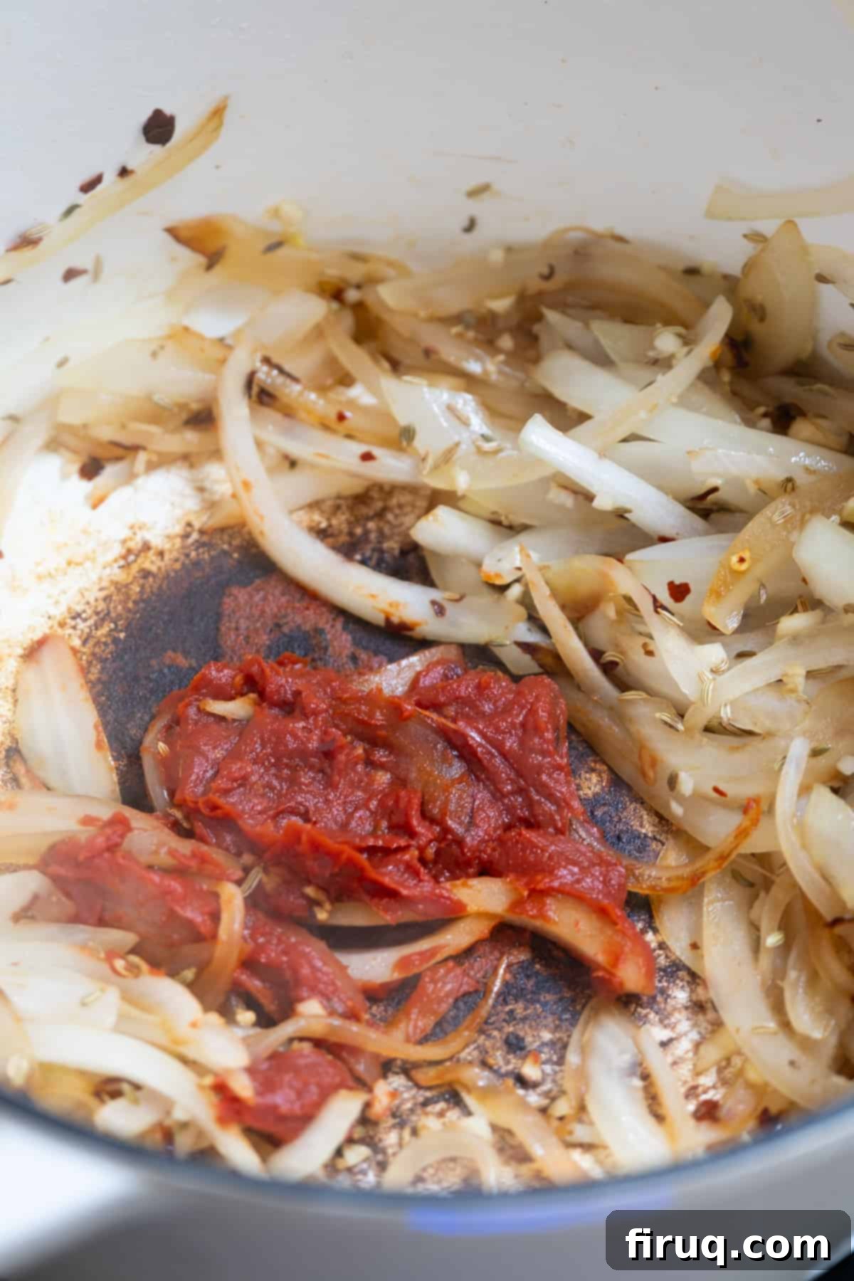 Hearty Italian Cabbage 8 Tomato paste added to the softened onions, ready to caramelize