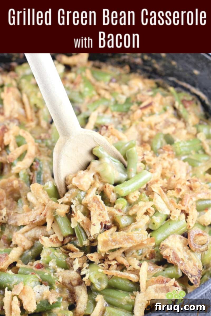 Grilled Green Bean Casserole with Crispy Bacon 10 A serving of grilled green bean casserole with bacon being lifted by a wooden spoon, perfect for social media sharing, highlighting the smoky flavor and crispy topping.