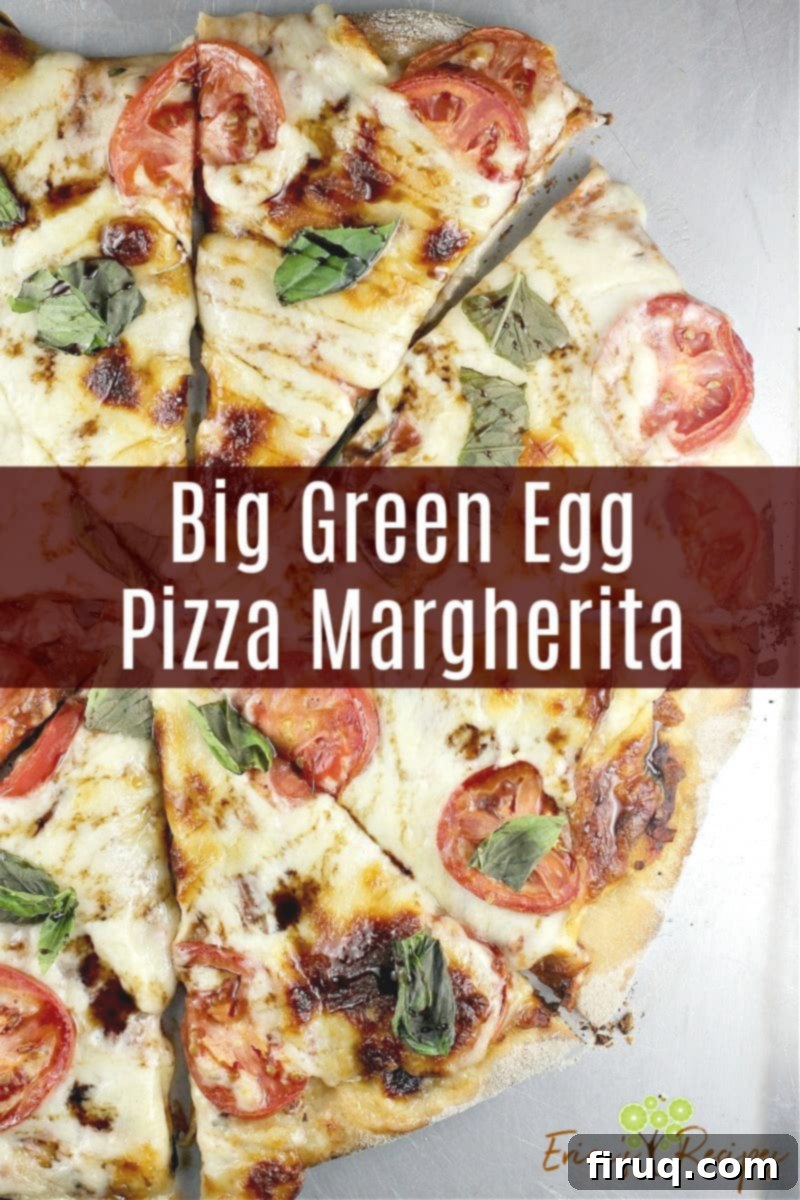 Perfect Pizza Margherita on the Big Green Egg 9 image for social media sharing with text overlay of recipe title
