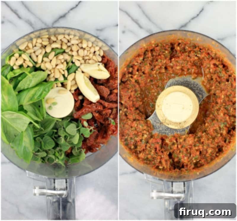 Rich Sun Dried Tomato Pesto Pasta 6 collage of 2 photos: left, pesto ingredients in food processor bowl; right, processed pesto in food processor bowl