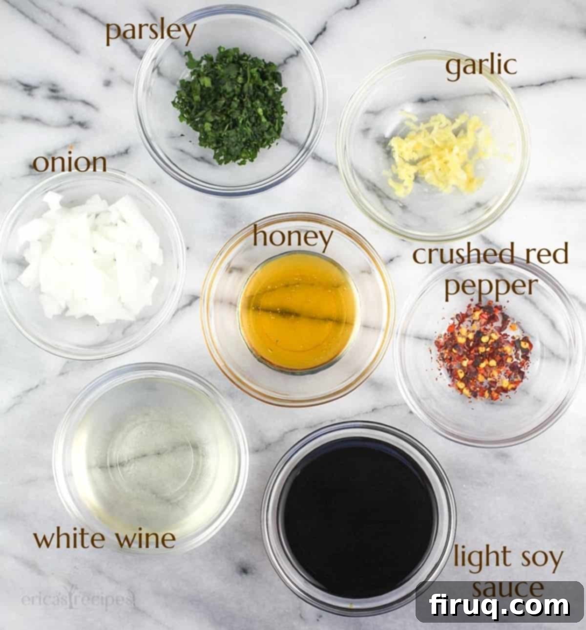 Easy Weeknight Roasted Pork Tenderloin 4 small glass bowls with marinade ingredients on marble surface