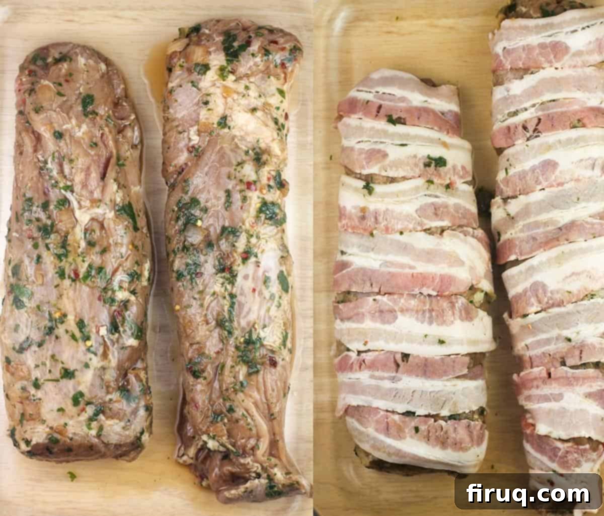 Easy Weeknight Roasted Pork Tenderloin 6 collage of 2 photos; left, marinated pork in bake dish; right, bacon-wrapped pork prior to cooking