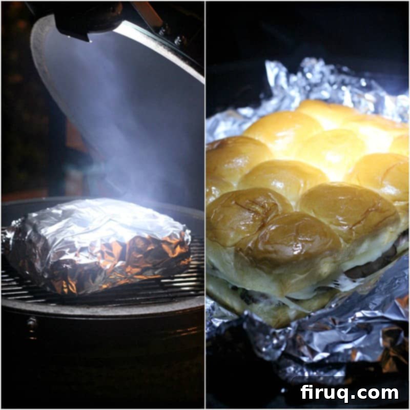 Grilled Philly Cheesesteak Bites 9 A collage of two photos: on the left, a foil-wrapped slider packet sits on a Big Green Egg surrounded by smoke; on the right, the foil is opened on the grill, revealing sliders toasting.