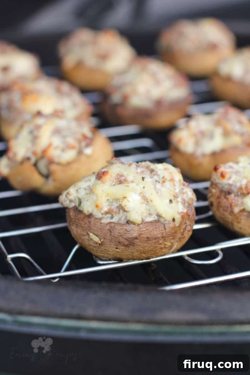 Savory Grilled Mushroom Delights 2 grilled stuffed mushrooms on grill grate