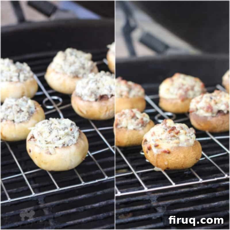 Savory Grilled Mushroom Delights 11 collage of 2 photos: left, uncooked mushrooms on big green egg; right, cooked mushrooms on grill