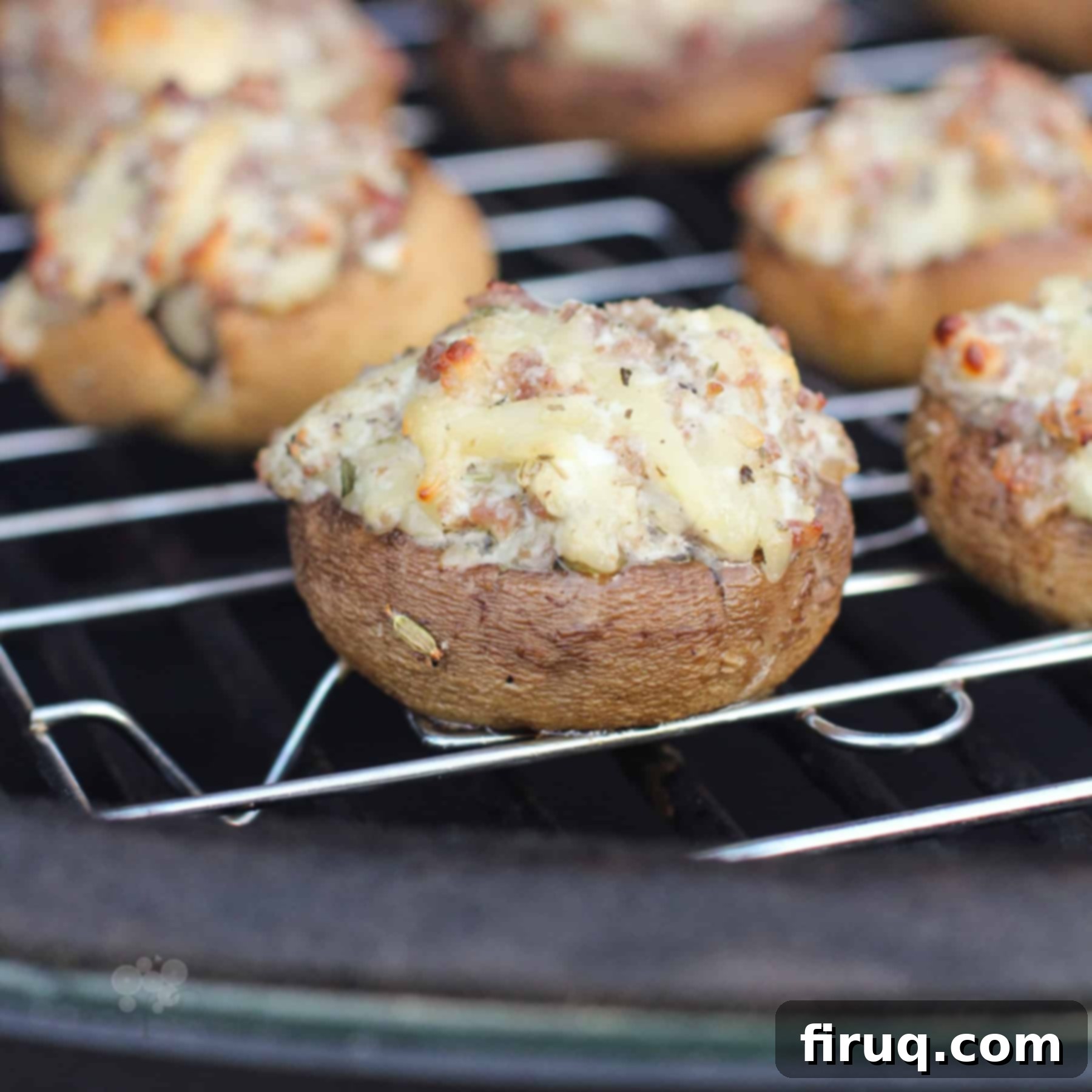 Savory Grilled Mushroom Delights 13 grilled stuffed mushroom on grate in big green egg grill