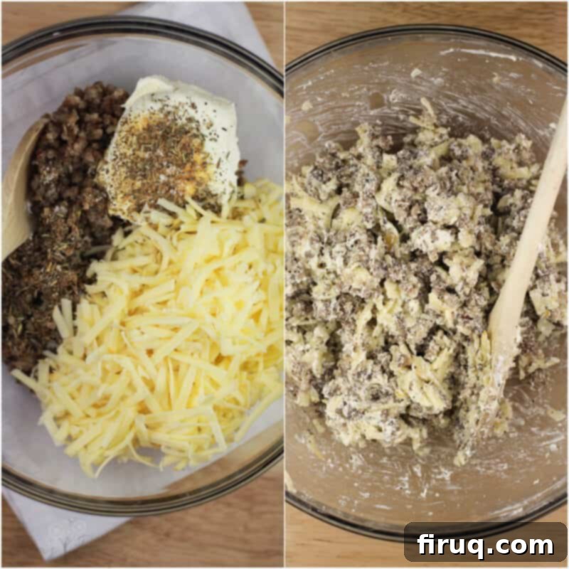 Savory Grilled Mushroom Delights 4 collage of 2 photos: left, filling ingredients; right, combined filling ingredients in glass bowl on wood surface