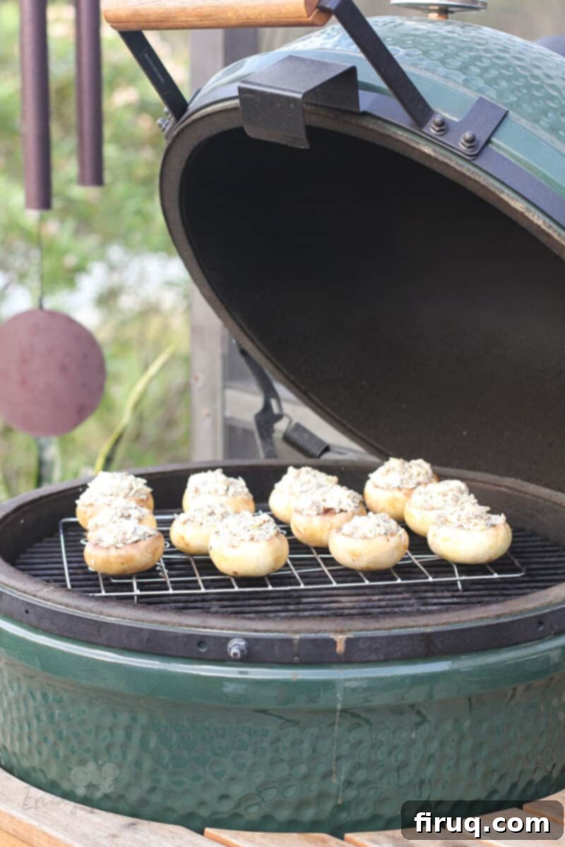 Savory Grilled Mushroom Delights 10 Big Green Egg open with mushrooms in on grill grate