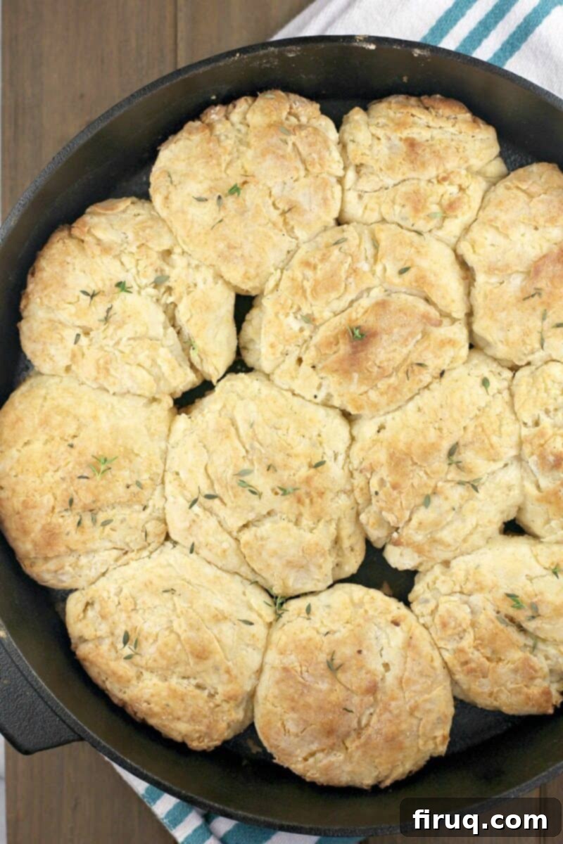 Aromatic Grilled Honey Thyme Biscuits 13 Top-down view of golden, perfectly cooked grilled biscuits in a cast iron pan.
