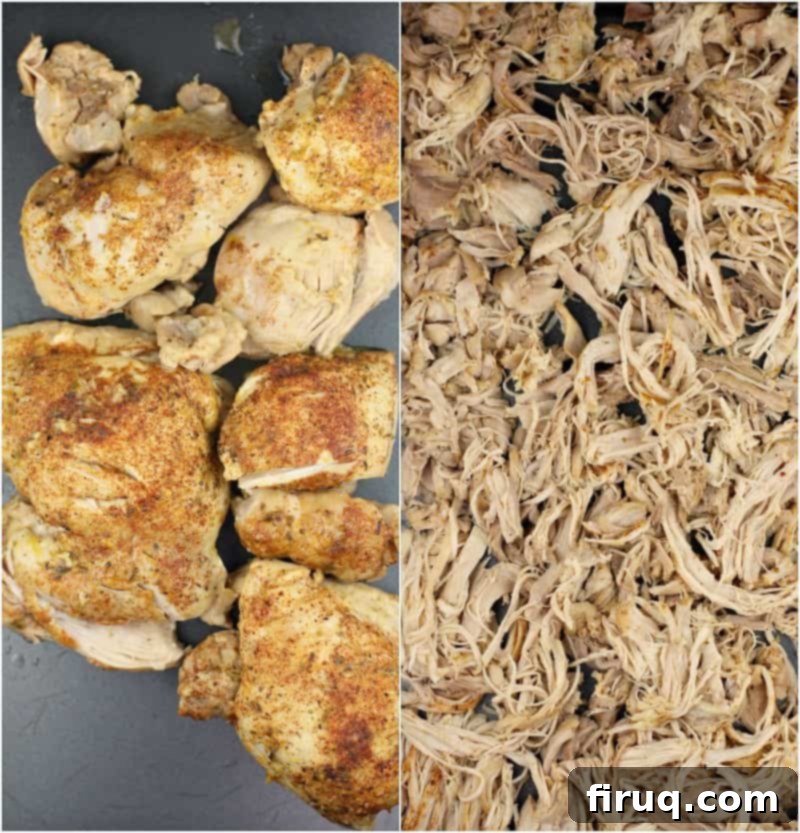 Instant Pot Chicken Carnitas 11 collage of 2 photos: left; cooked chicken before shredding; right, shredded chicken