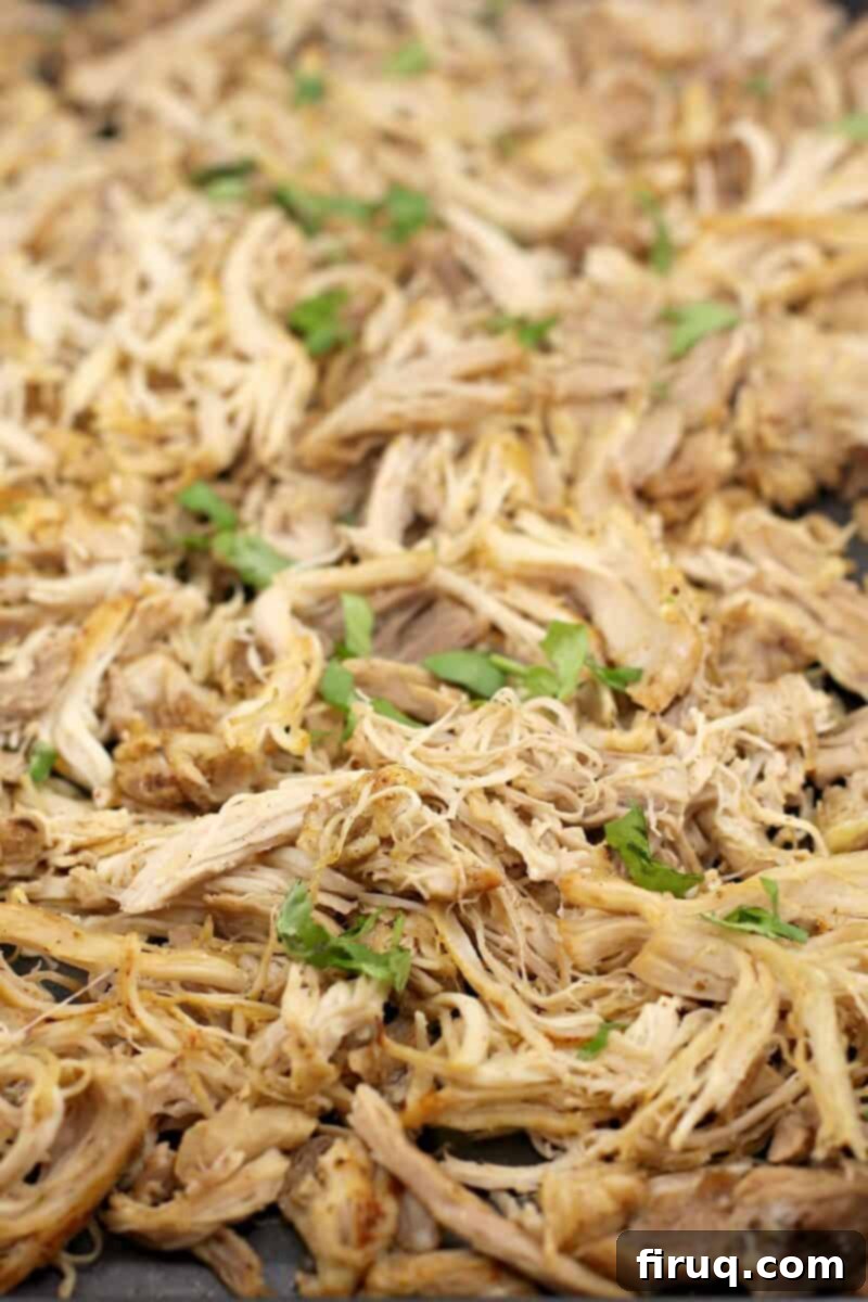 Instant Pot Chicken Carnitas 13 finished chicken topped with cilantro spread on a bake sheet
