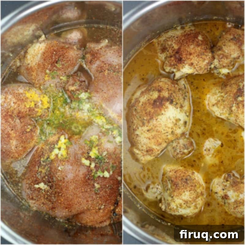 Instant Pot Chicken Carnitas 4 collage of 2 photos: left, uncooked chicken thighs in Instant Pot; right, cooked chicken thighs
