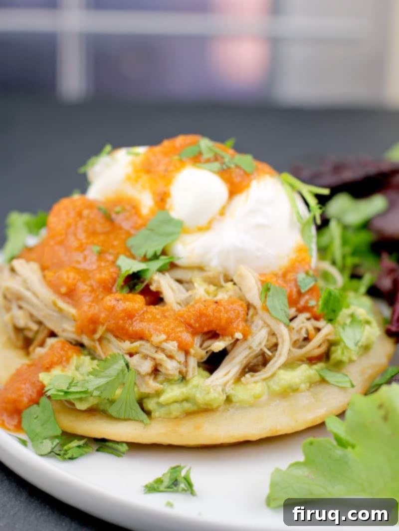 Huevos Rancheros Benedict 3 Assembled Mexican Eggs Benedict showing a crispy tortilla base, a generous layer of guacamole, carnitas chicken, a perfectly poached egg, and a drizzle of ranchero sauce