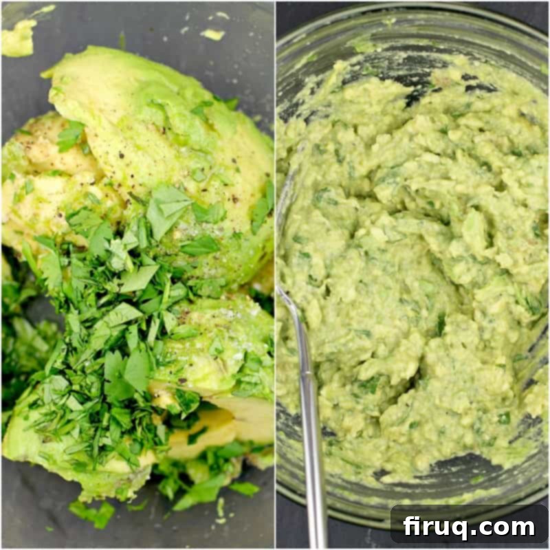 Huevos Rancheros Benedict 5 Collage of two photos: Left shows guacamole ingredients (avocados, lime, onion, cilantro, jalapeno) in a glass bowl; right shows the ingredients mixed together with a fork, forming creamy guacamole